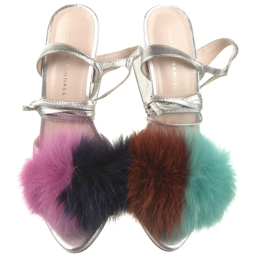 $495 NEW Loeffler Randall Nicky fur pom pom fur silver leather chunky heel 7 7.5 - Picture 4 of 10